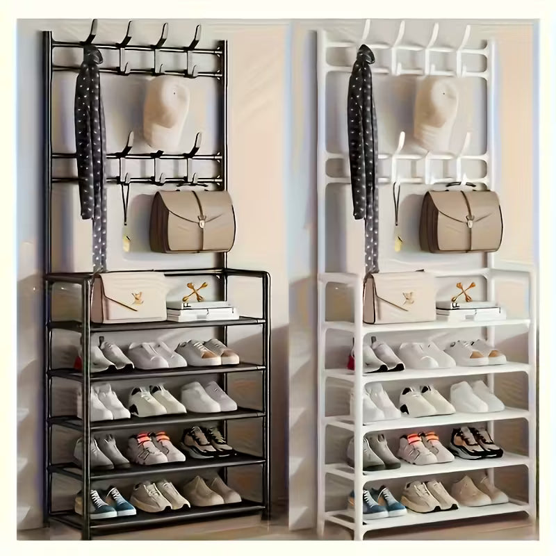 Two shoe racks with shoes, bags, and hats displayed on shelves.