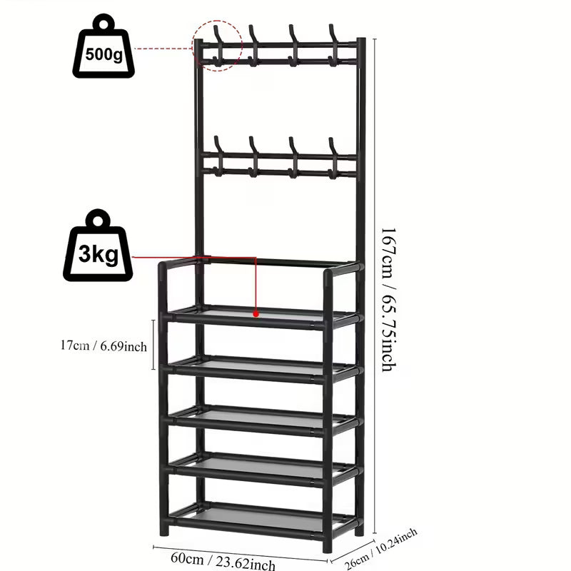 Black shoe rack with measurements and weight capacity indicators on a white background